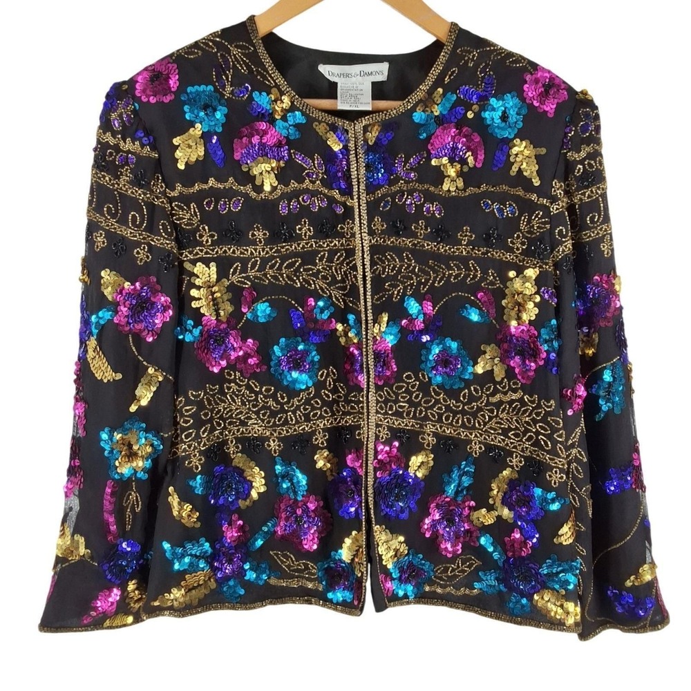 Vintage‎ Drapers & Damons Silk Sequin Beaded Floral Evening Jacket Black PXL